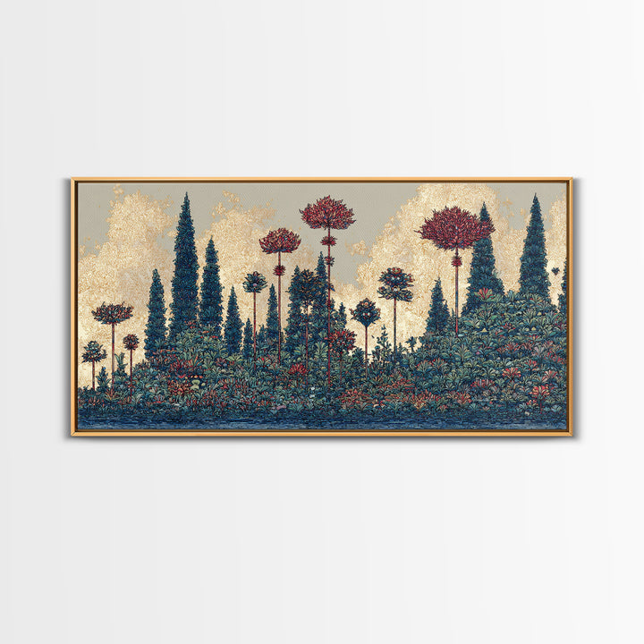 Dreamy Blue Forest Flower Landscape Canvas Print, African Inspired Wall Art, Nature Scene Art For Elegant Living Room Decor