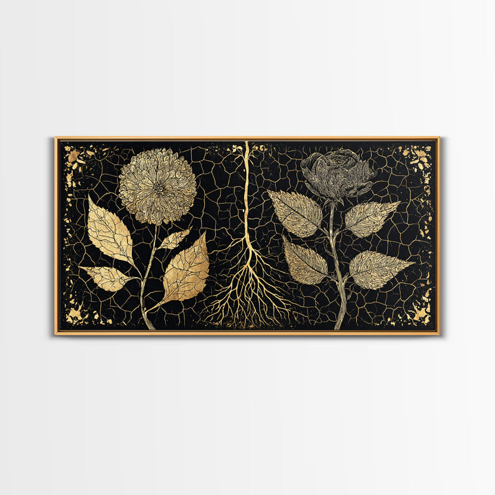 Black Gold Botanical Roots Framed Canvas Print, African Inspired Wall Decor, Luxury Nature Art, Elegant Home Decor Gift Idea