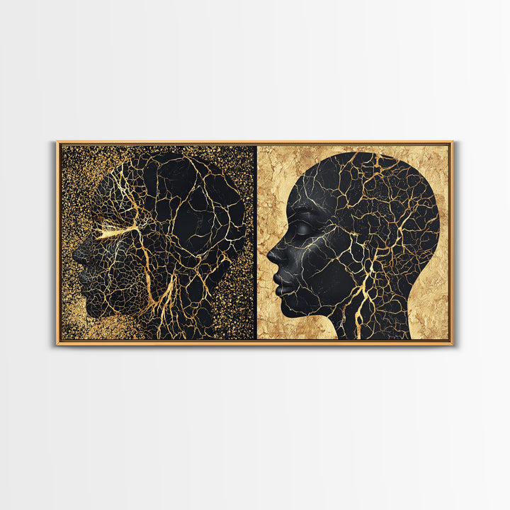Black Gold Rooted African Profile Diptych Framed Canvas Print, Spiritual Wall Art, Modern Afrocentric Decor, Luxury Art Print