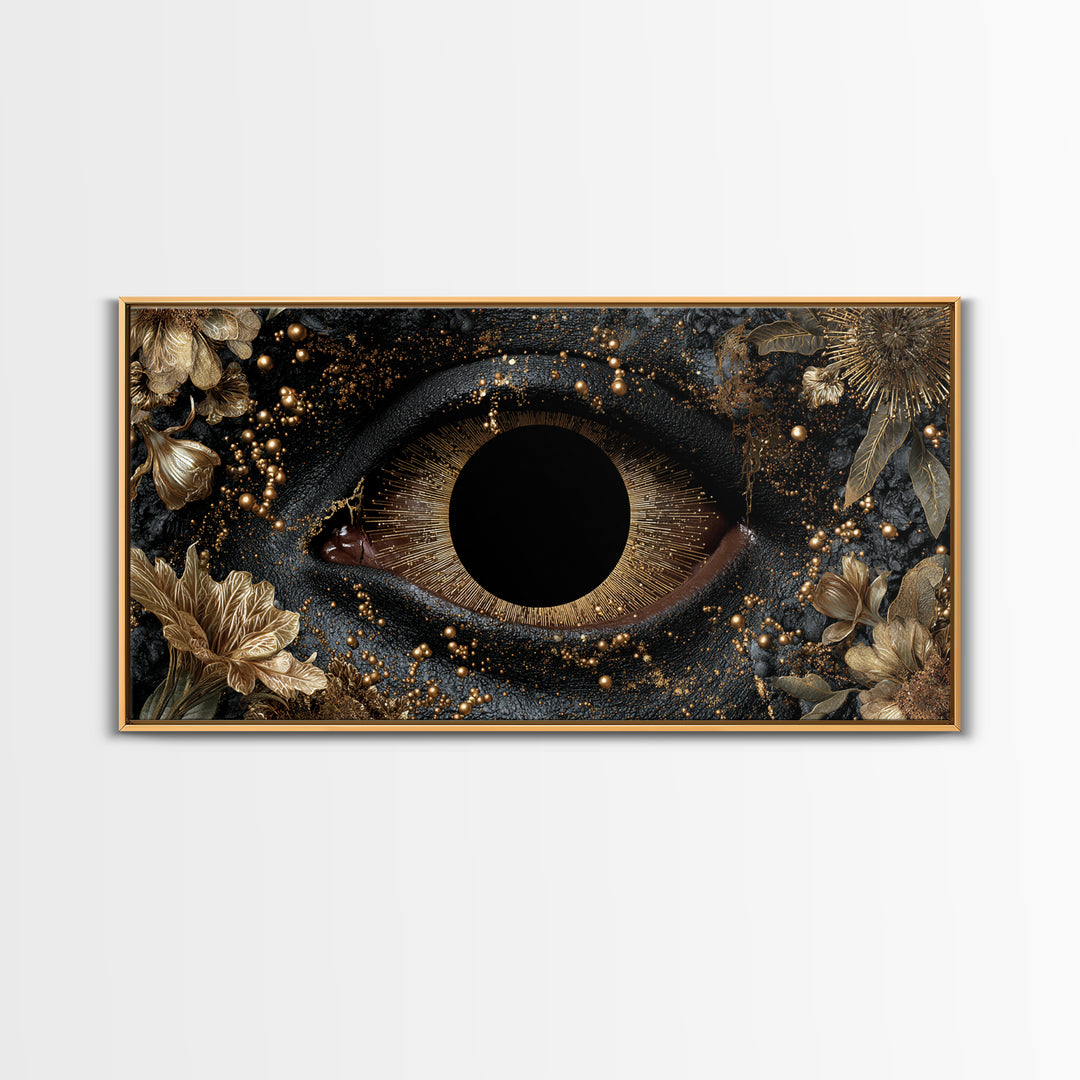 Golden Floral Mystic Eye Canvas Print, Black And Gold Abstract Wall Art, Luxury Feminine Decor For Stylish Living Room Gift