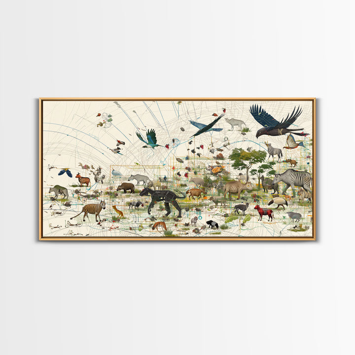 African Safari Map Canvas Print, Wildlife Collage With Elephant Giraffe Rhino, Serengeti Wall Decor, Jungle Animal Art Home Decor