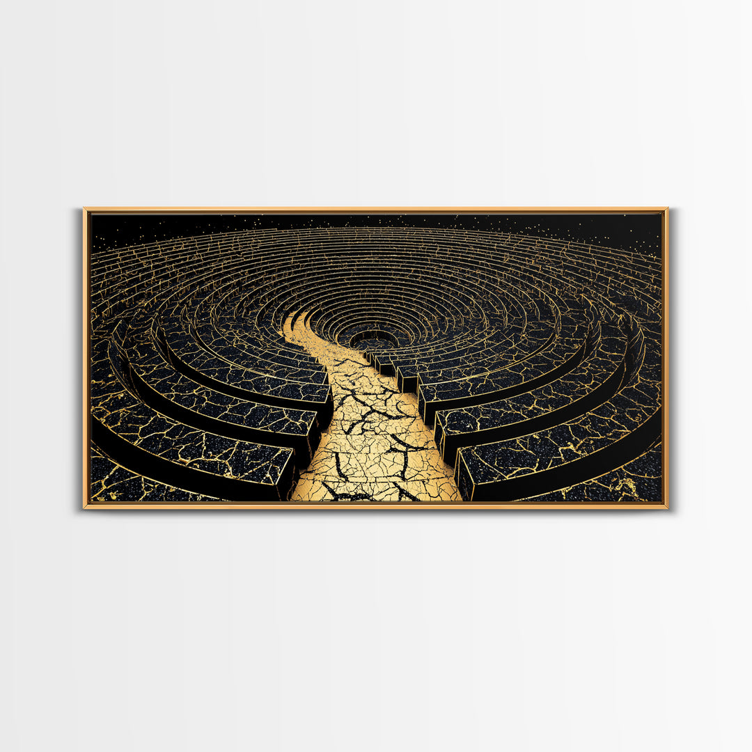 Golden Labyrinth Wall Art, Black And Gold Abstract Spiral Maze, Luxury Canvas Print, Modern Geometric Statement Decor Home Decor