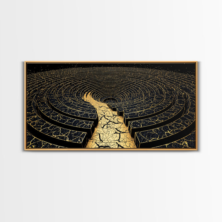 Golden Labyrinth Wall Art, Black And Gold Abstract Spiral Maze, Luxury Canvas Print, Modern Geometric Statement Decor Home Decor