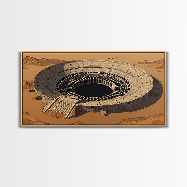 Desert Colosseum Canvas Print, Futuristic Arena Landscape, Beige Wall Art, Architectural Decor, Modern Office Art For Living Room