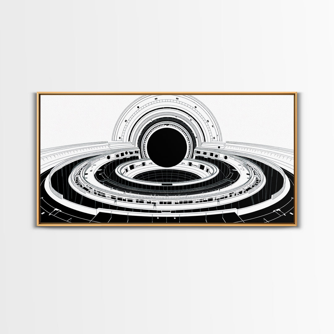 Monochrome Space Station Wall Art, Black And White Futuristic Architecture, Minimalist Canvas Print, Modern Office Decor