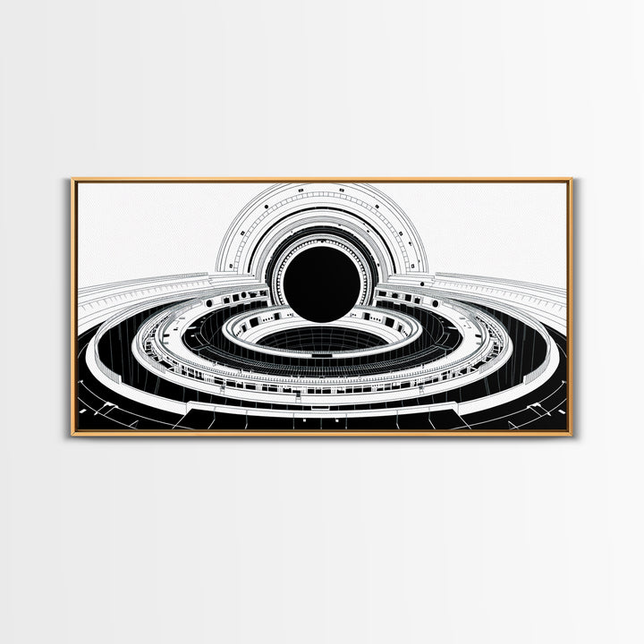 Monochrome Space Station Wall Art, Black And White Futuristic Architecture, Minimalist Canvas Print, Modern Office Decor
