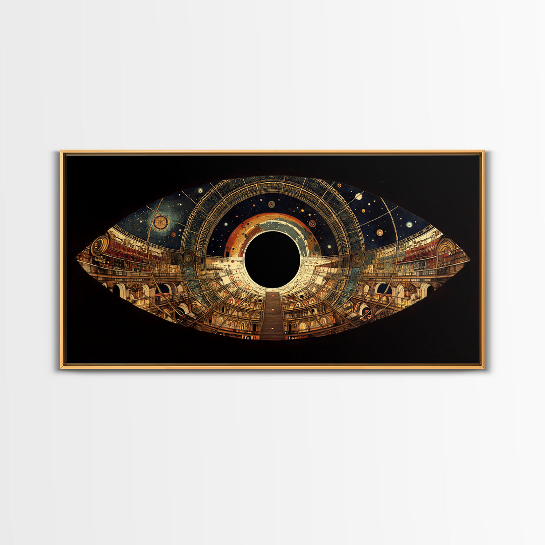 Celestial Observatory Eye Canvas Print, Ornate Cosmic Library Wall Art, Black Gold Sci Fi Decor, Mystical Statement Piece