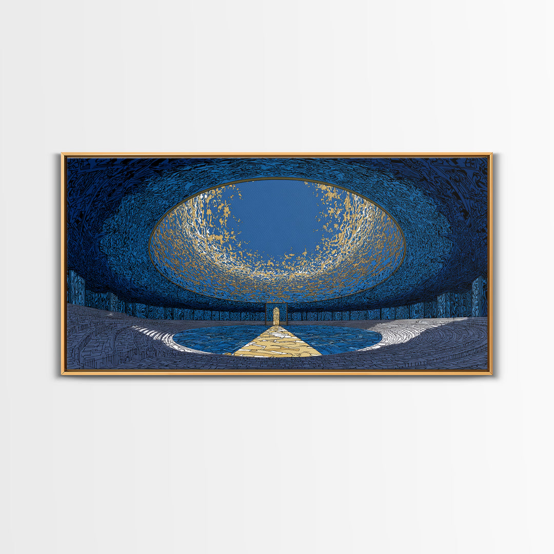 Blue Portal Chamber Wall Art, Futuristic Circular Architecture, Gold Path Canvas Print, Modern Abstract Office Decor Statement Piece