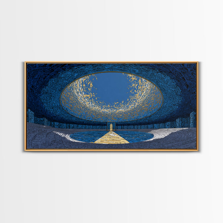 Blue Portal Chamber Wall Art, Futuristic Circular Architecture, Gold Path Canvas Print, Modern Abstract Office Decor Statement Piece