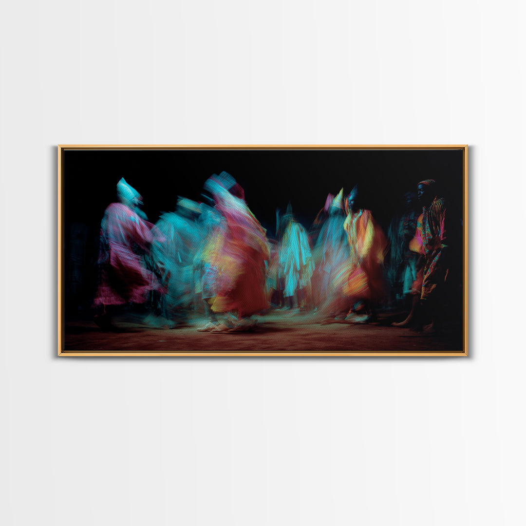 Blurred African Dancers In Jewel Robes Wall Art, Afrocentric Dance Canvas, Cultural Home Decor, Vibrant Tribal Art Print
