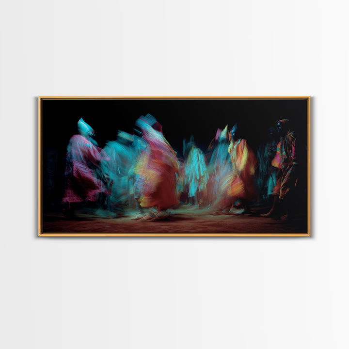Blurred African Dancers In Jewel Robes Wall Art, Afrocentric Dance Canvas, Cultural Home Decor, Vibrant Tribal Art Print