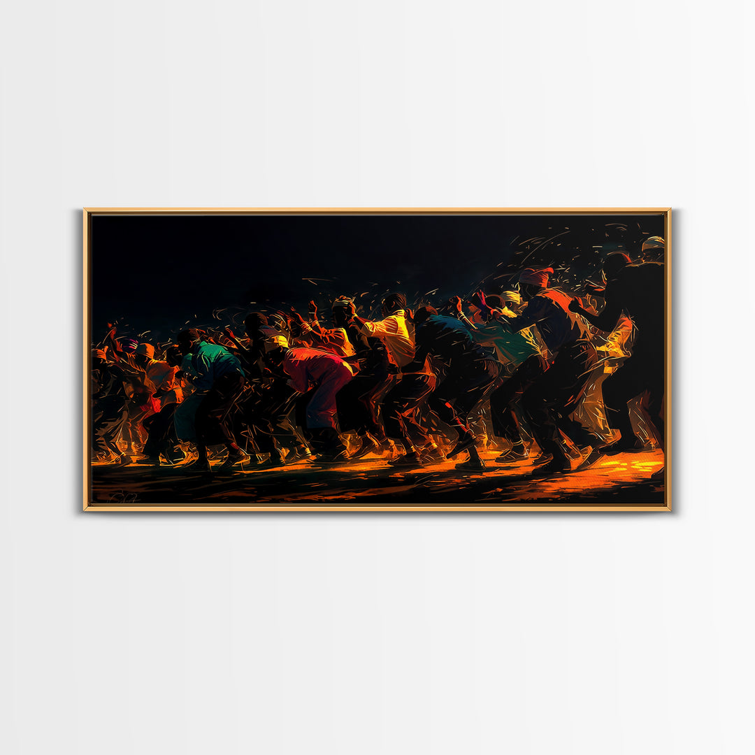 Golden Line Of African Dancers Canvas Print, Black Culture Art, Afrocentric Wall Decor, Vibrant Movement Painting, Cultural Art