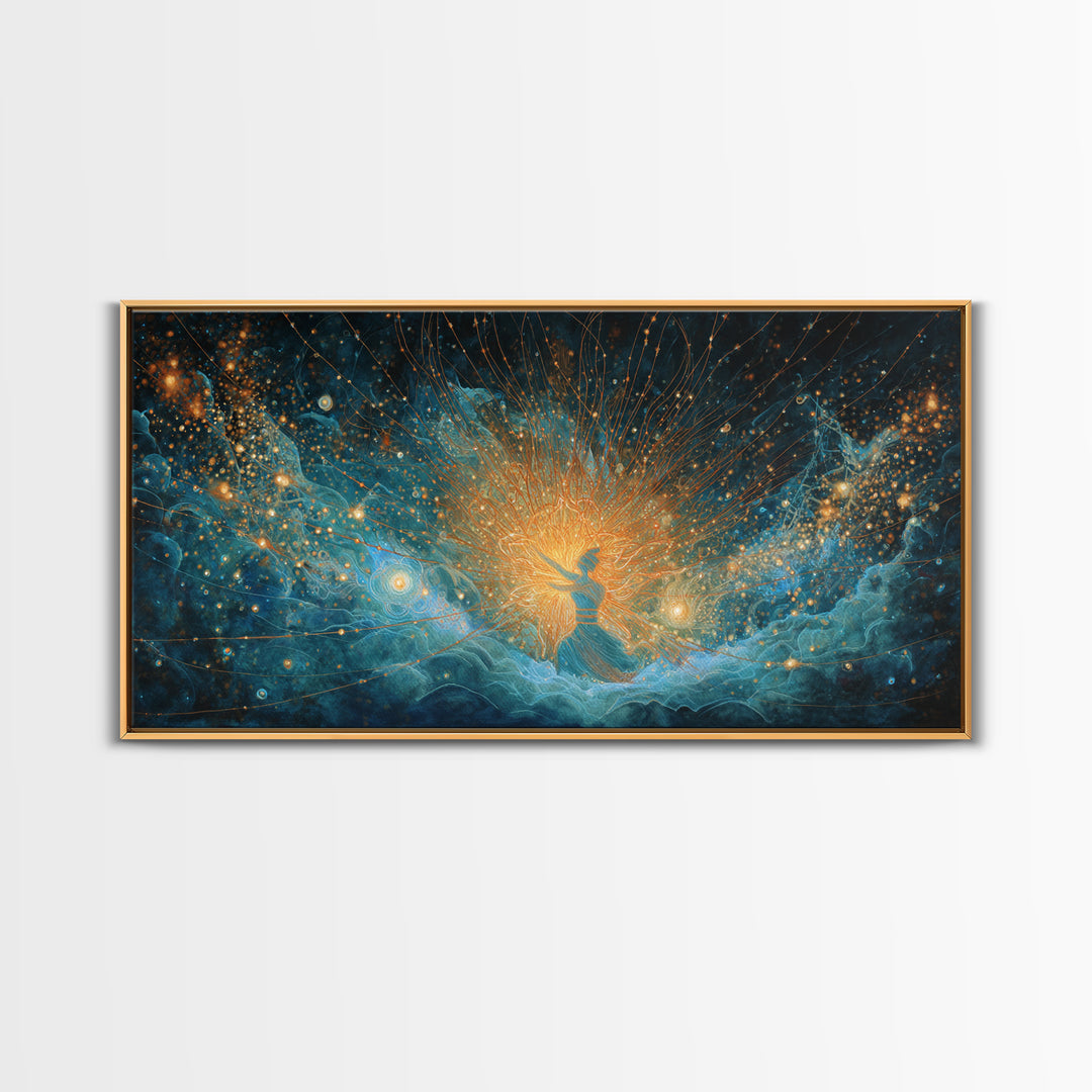 Cosmic African Goddess In Blue Gold Light Wall Art, Spiritual Afrocentric Decor, Mystical Woman Canvas, Dreamy Art Print