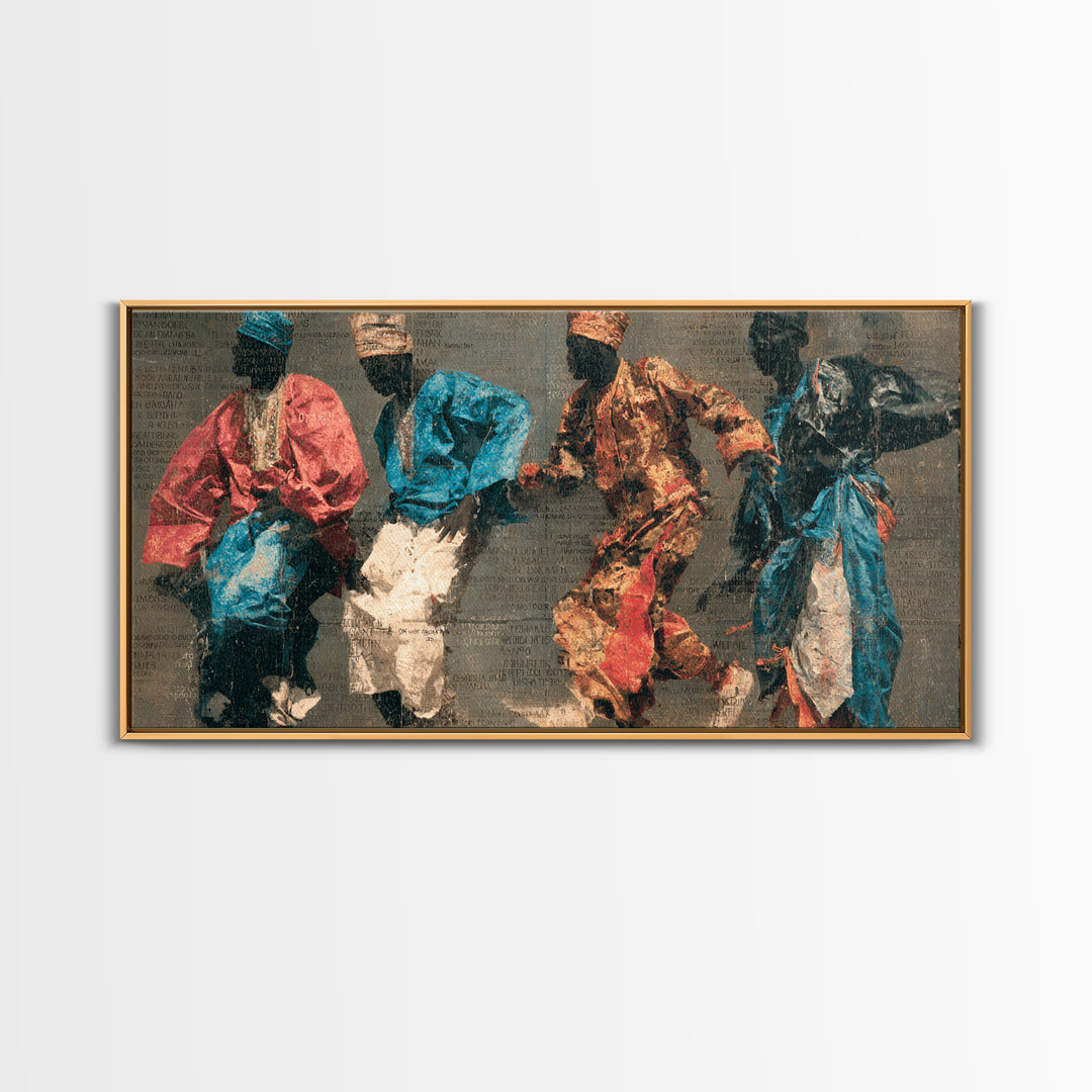 Four African Dancers In Colorful Robes Canvas Print, Tribal Culture Wall Art, Ankara Inspired Decor, Afrocentric Art Gift