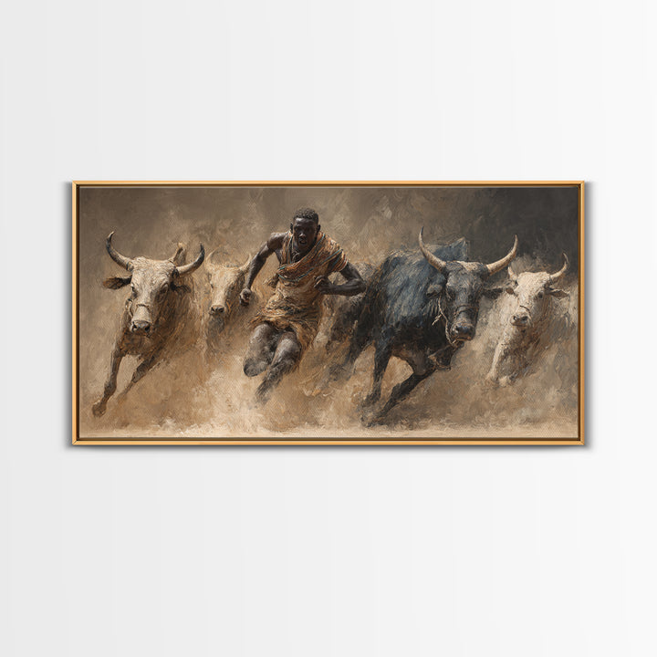 African Bull Runner Canvas Print, Dusty Cattle Race Painting, Warrior Culture Wall Decor, Rustic Safari Art For Living Room