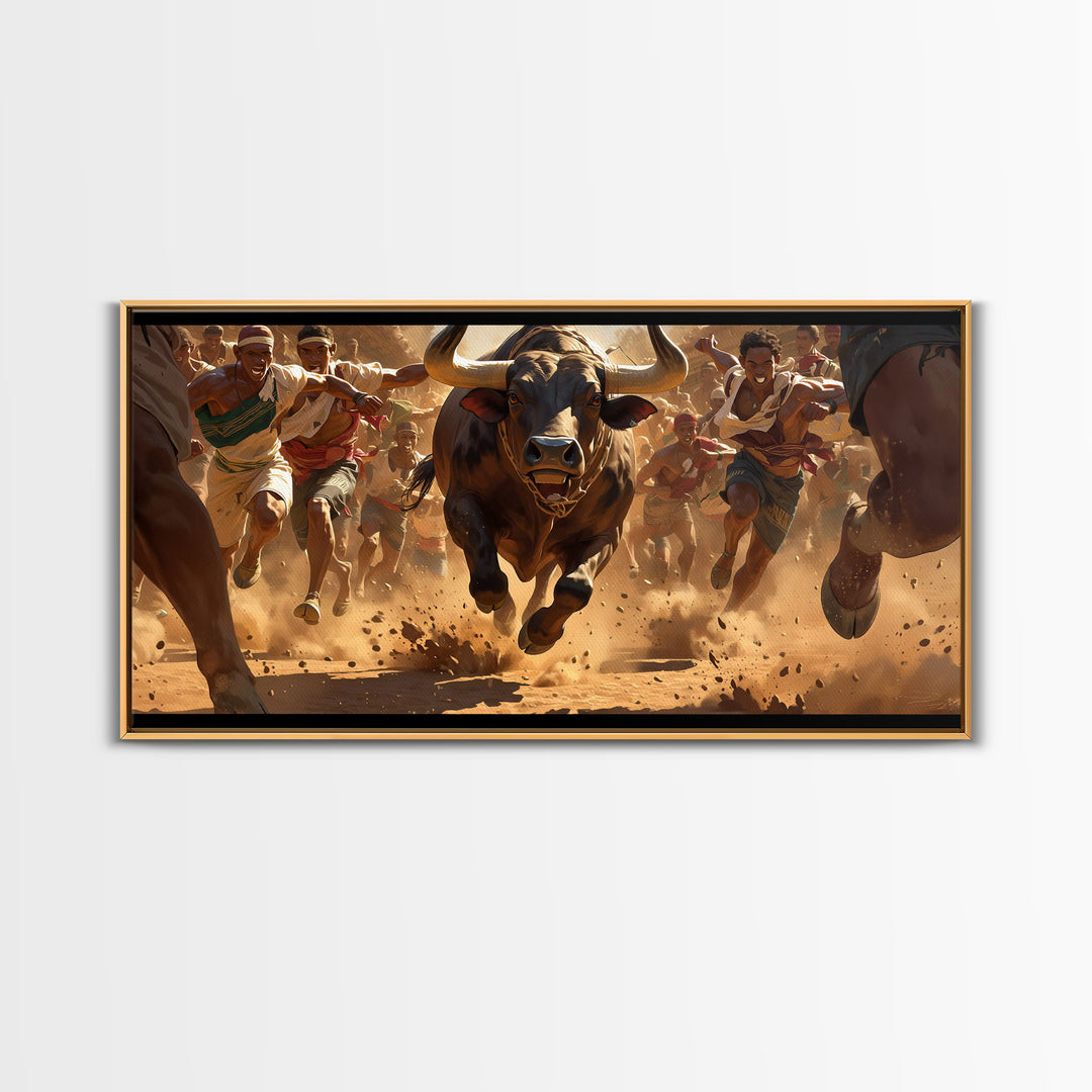 Charging Bull Race Framed Canvas Print, African Warrior Runners, Dusty Safari Action Art, Bold Cultural Living Room Decor