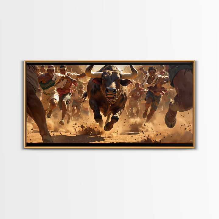 Charging Bull Race Framed Canvas Print, African Warrior Runners, Dusty Safari Action Art, Bold Cultural Living Room Decor