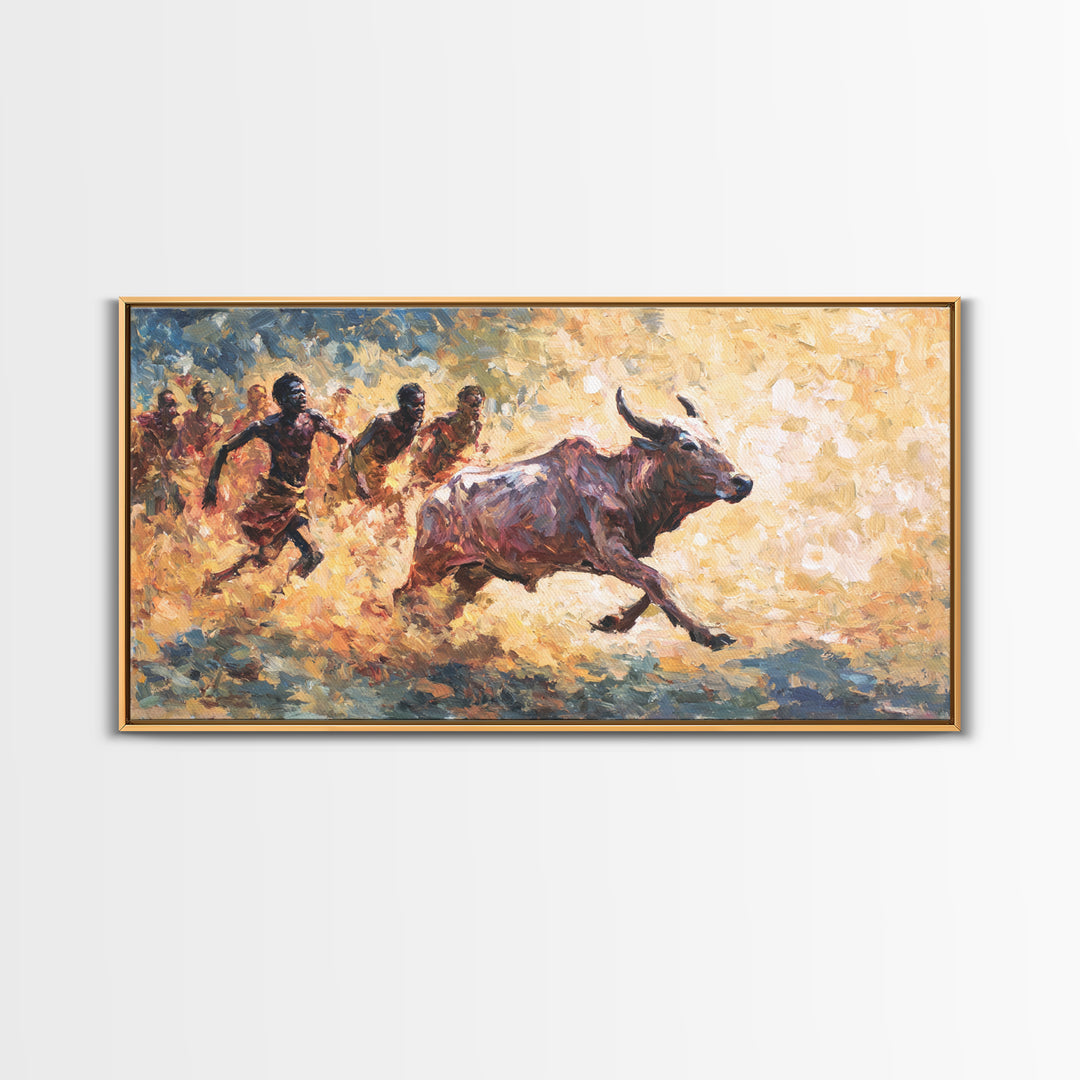 Painterly African Bull Chase Canvas Print, Sunlit Cattle Race With Runners, Rustic Safari Decor, Dynamic Cultural Wall Art
