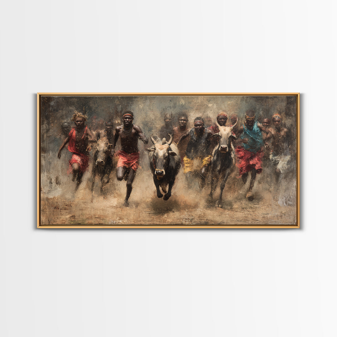 African Cattle Race Wall Art, Tribal Runners In Dusty Motion, Dramatic Safari Painting, Rustic Culture Decor For Home And Office