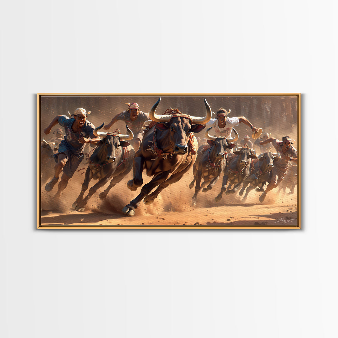 Charging African Bulls Framed Canvas Print, Runners And Dusty Arena, Bold Safari Action Wall Decor, Cultural Home Statement
