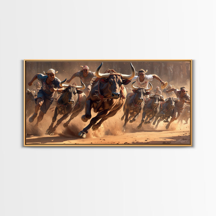 Charging African Bulls Framed Canvas Print, Runners And Dusty Arena, Bold Safari Action Wall Decor, Cultural Home Statement
