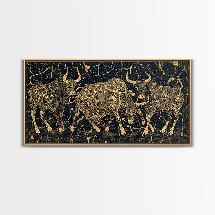 Gold Line Cattle On Black Wall Art, African Inspired Bull Illustration, Geometric Crackle Texture Decor, Luxury Canvas Print