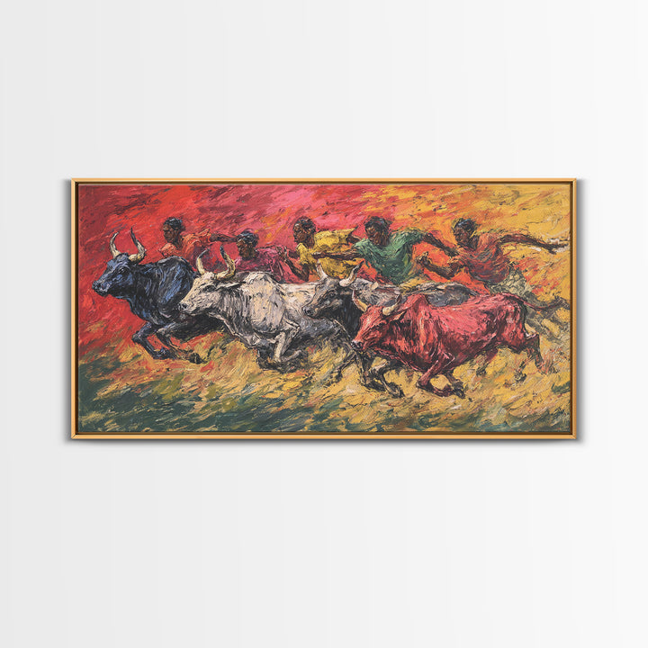 Colorful African Bull Race Canvas Print, Expressive Tribal Runners, Sunset Safari Painting, Bright Vibrant Cultural Wall Decor