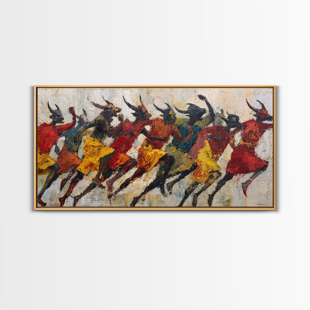Horned Dancers In Red And Gold, African Warrior Art Canvas Print, Tribal Culture Wall Decor, Afrocentric Home Decor, Statement Piece