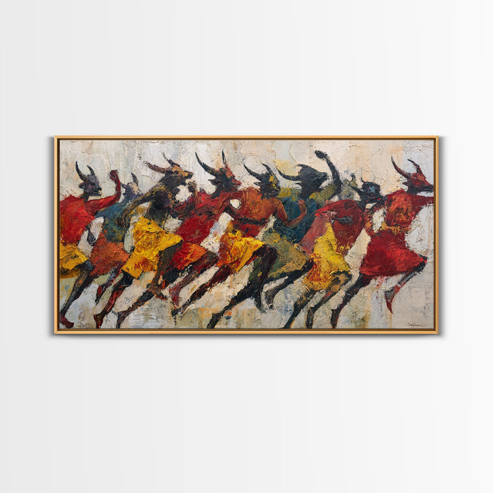 Horned Dancers In Red And Gold, African Warrior Art Canvas Print, Tribal Culture Wall Decor, Afrocentric Home Decor, Statement Piece