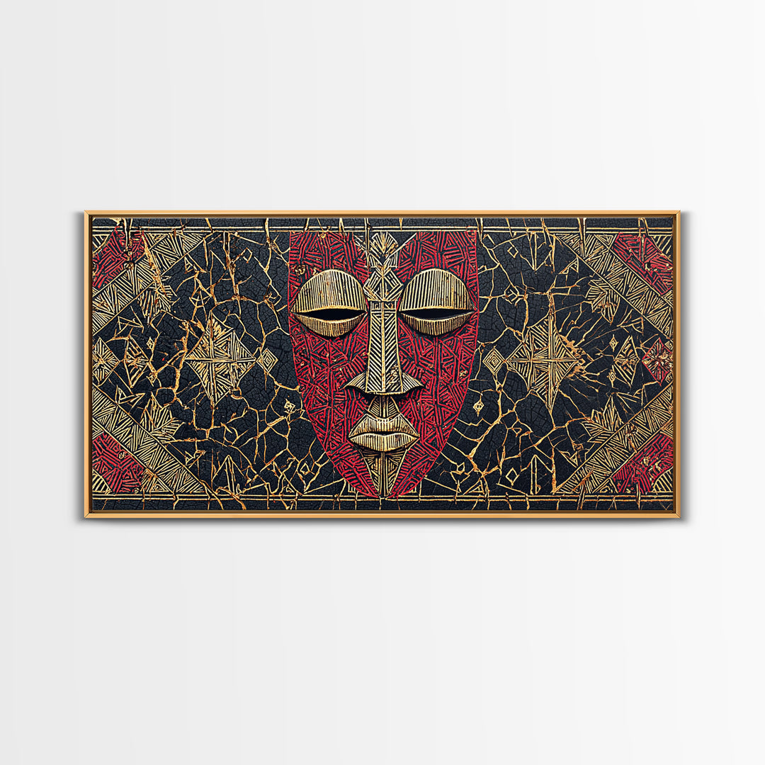 Red African Mask With Gold Geometric Pattern, Framed Canvas Print, Tribal Mask Canvas, Cultural Wall Decor Gift For Home