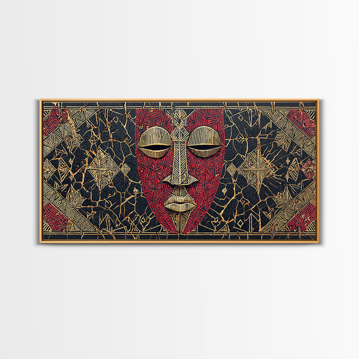 Red African Mask With Gold Geometric Pattern, Framed Canvas Print, Tribal Mask Canvas, Cultural Wall Decor Gift For Home