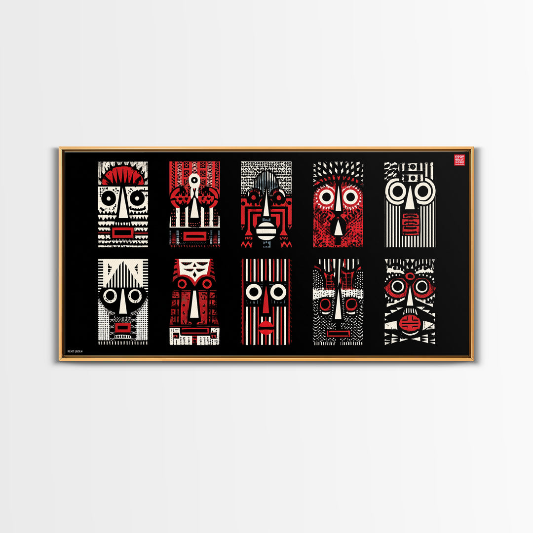 Nine Graphic Red Black And White African Masks, Wall Art, Tribal Mask Canvas, Afrocentric Decor, Bold Modern Pattern Print Set