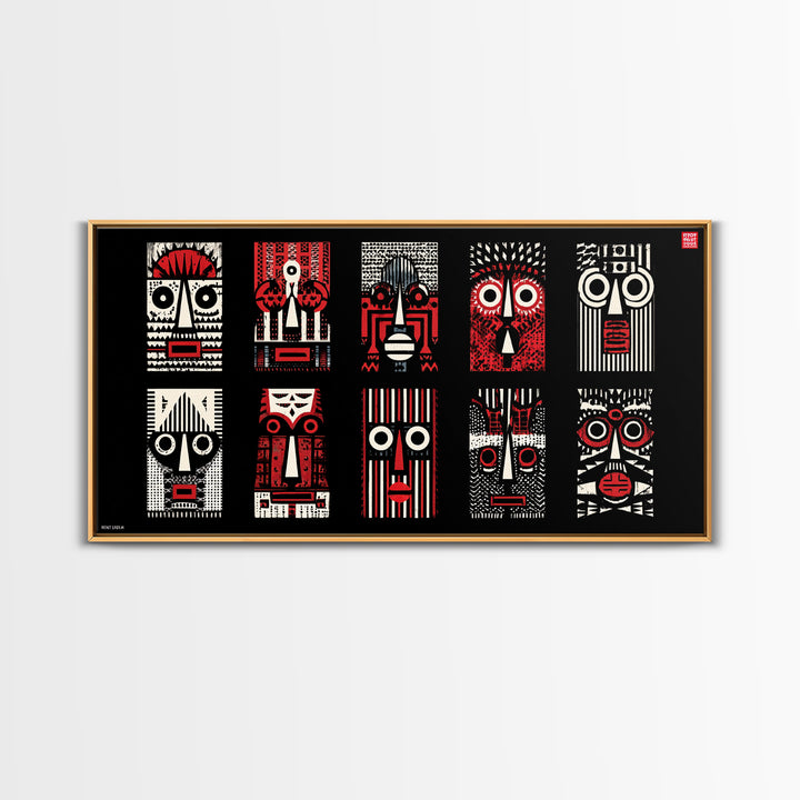 Nine Graphic Red Black And White African Masks, Wall Art, Tribal Mask Canvas, Afrocentric Decor, Bold Modern Pattern Print Set