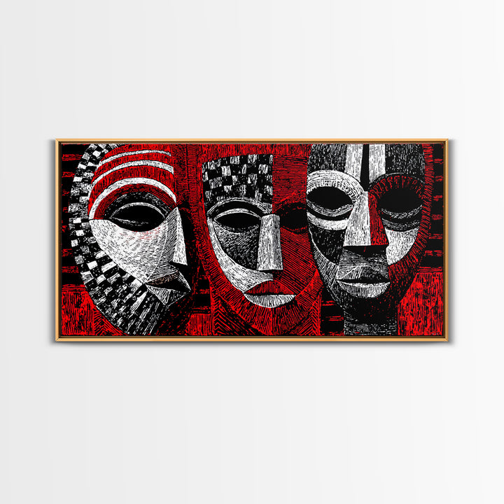 Three Red Black And White African Masks, Canvas Print, Tribal Mask Art, Abstract African Art Decor, Statement Wall Decor Gift