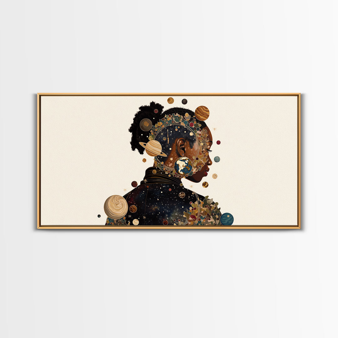 Cosmic Black Woman Profile With Planets, African American Art Framed Canvas Print, Afrocentric Wall Decor, Melanin Gift For Her
