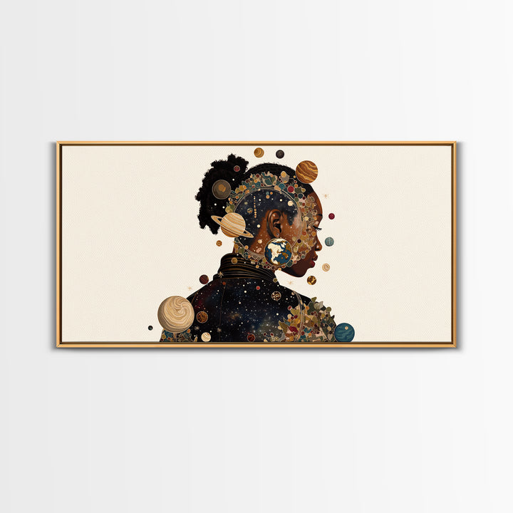 Cosmic Black Woman Profile With Planets, African American Art Framed Canvas Print, Afrocentric Wall Decor, Melanin Gift For Her