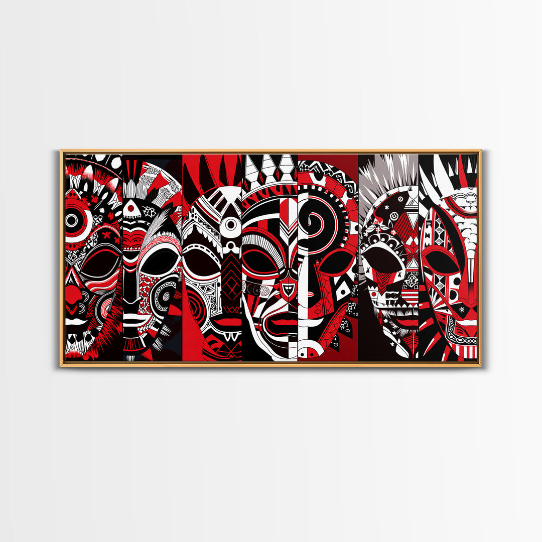Overlapping Red Tribal Masks In Bold Pattern, African Mask Wall Art, Afrocentric Decor, Contemporary Canvas Print, Home Decor Gift