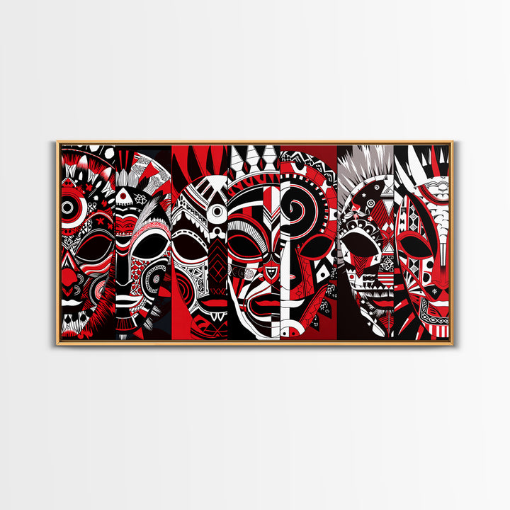 Overlapping Red Tribal Masks In Bold Pattern, African Mask Wall Art, Afrocentric Decor, Contemporary Canvas Print, Home Decor Gift