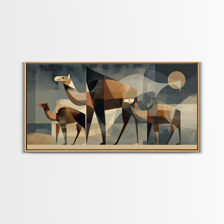 Geometric Camel Family In Desert Framed Canvas Print, Abstract African Art, Modern Safari Wall Decor, Earth Tone Home Decor