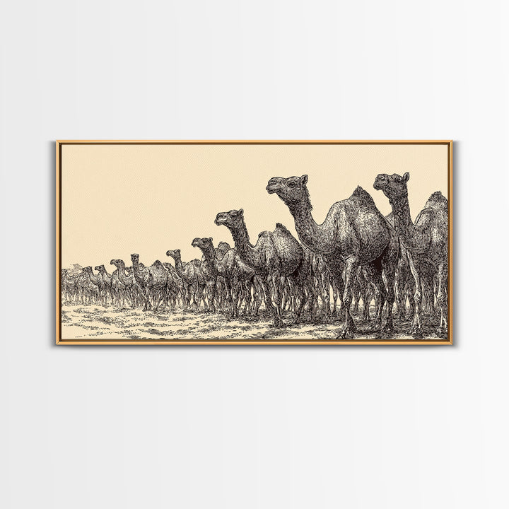 Ink Sketch Camel Herd Across Desert Wall Art, African Safari Art Print, Black And White Tribal Decor, Camel Artwork For Living Room