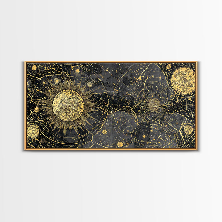Gold Sun Moon Constellation Map Canvas Print, Celestial African Inspired Wall Art, Black And Gold Spiritual Home Decor Gift