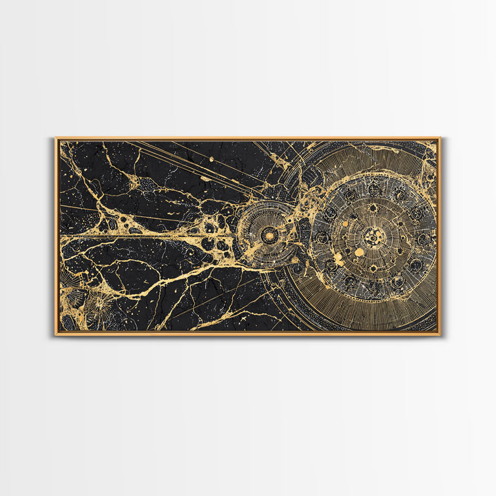 Golden Cosmic Web And Solar Orbit Framed Canvas Print, Abstract Wall Art, Black And Gold Decor, Mystical Astronomy Artwork