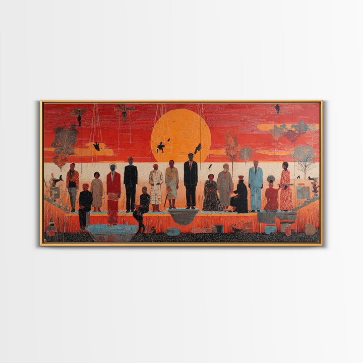 Orange Sunset Gathering With African Figures Wall Art, Black Culture Art, Contemporary Canvas, Statement Living Room Decor