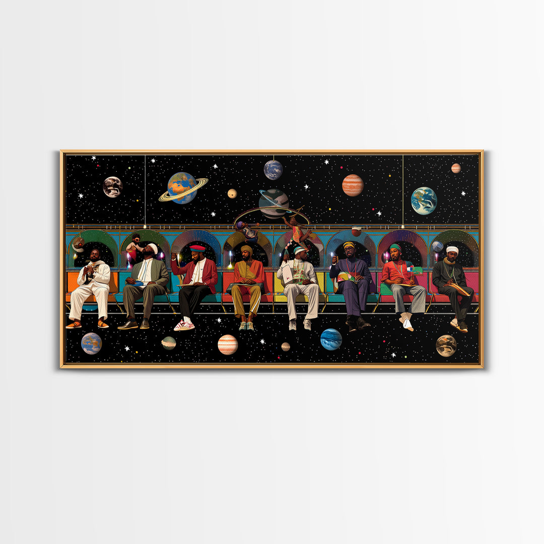 Black Travelers On Cosmic Subway Framed Canvas Print, Afrofuturism Decor, African American Art, Space Wall Decor Gift For Him