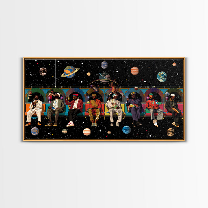 Black Travelers On Cosmic Subway Framed Canvas Print, Afrofuturism Decor, African American Art, Space Wall Decor Gift For Him