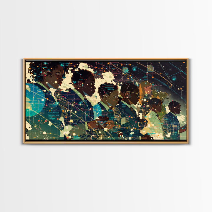 Afrofuturist African Students In Digital Network Canvas Print, Black Girl Art, Modern Black Art, Office Decor, Digital Wall Art