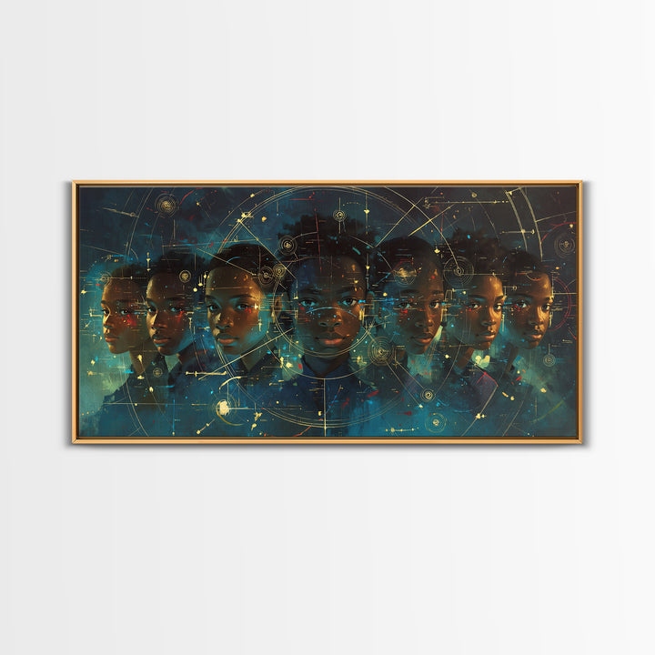 Six Young African Visionaries In Futuristic City Wall Art, Black Boy Art, Afrocentric Art, Modern Portrait Art, Office Decor