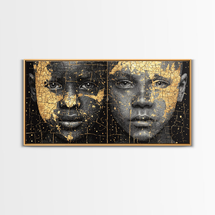 Black Gold African Portrait Diptych Wall Art, Afrocentric Abstract Face Art, Modern Black Culture Decor, Luxury Canvas Print