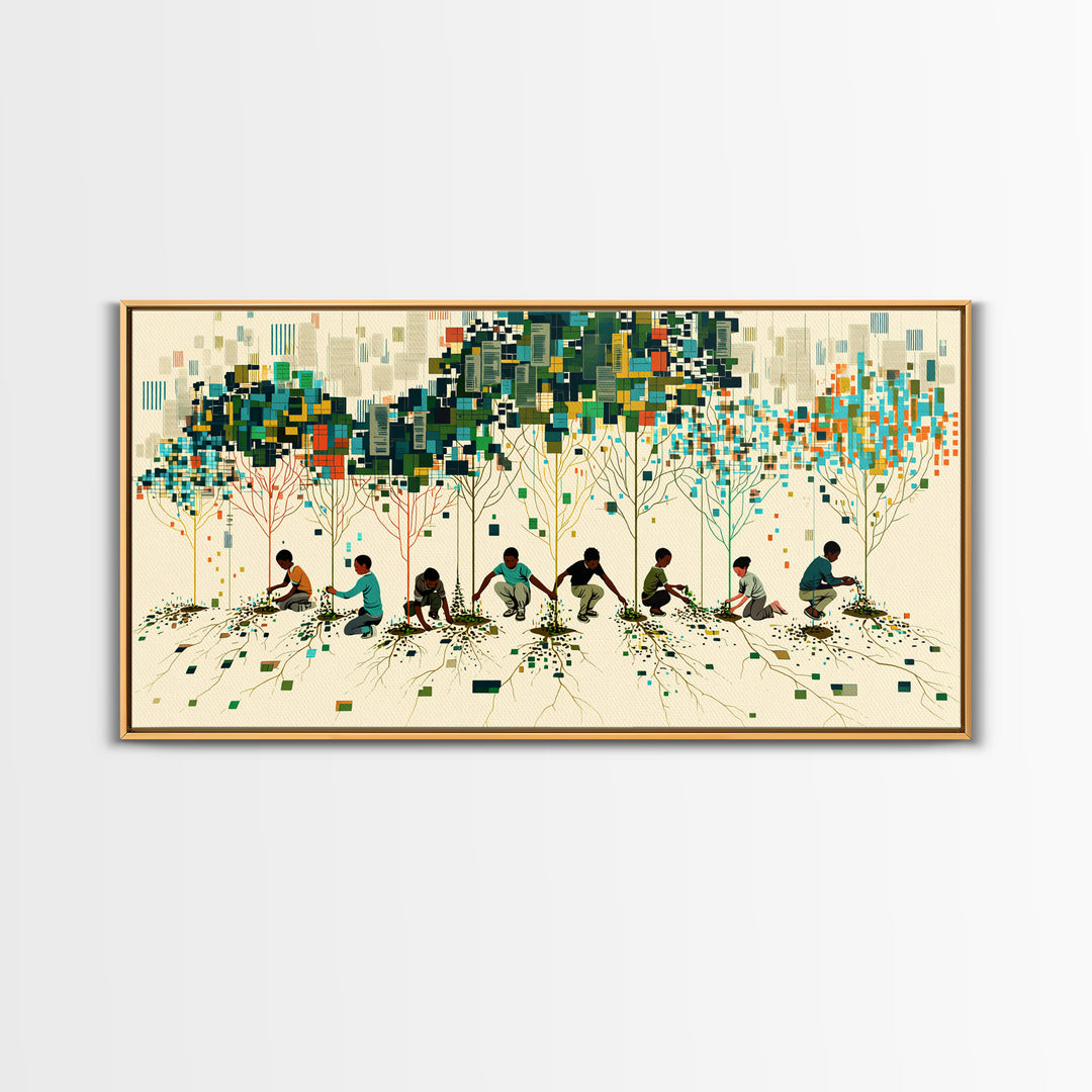 Children Planting Digital Forest Wall Art, African Community Tree Artwork, Modern Afrocentric Decor, Eco Living Room Print