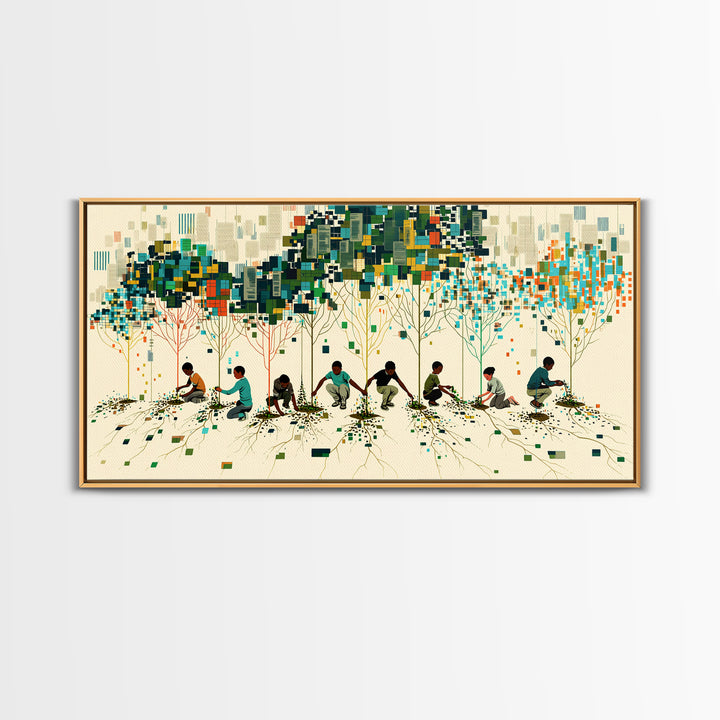 Children Planting Digital Forest Wall Art, African Community Tree Artwork, Modern Afrocentric Decor, Eco Living Room Print
